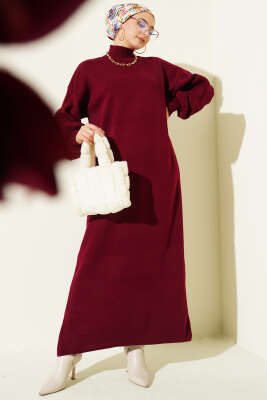 Balıkçı Yaka Düz Triko Elbise Bordo - KILIÇ TRİKO