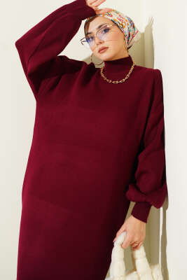 Balıkçı Yaka Düz Triko Elbise Bordo - Elbise