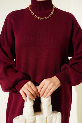 Balıkçı Yaka Düz Triko Elbise Bordo - Elbise