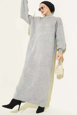Balıkçı Yaka Düz Triko Elbise Gri - KILIÇ TRİKO