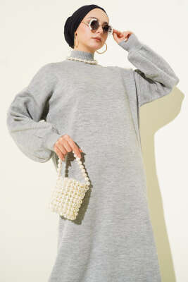 Balıkçı Yaka Düz Triko Elbise Gri - Elbise