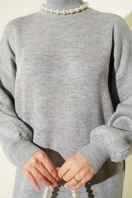 Balıkçı Yaka Düz Triko Elbise Gri - Elbise