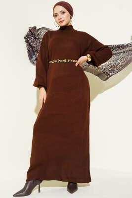 Balıkçı Yaka Düz Triko Elbise Kahve - KILIÇ TRİKO