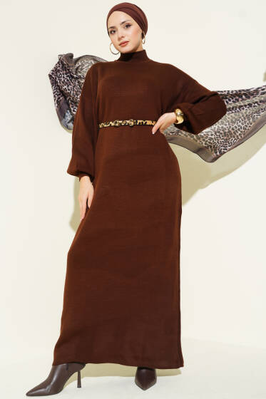 Balıkçı Yaka Düz Triko Elbise Kahve - Elbise