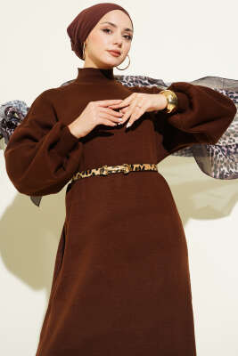 Balıkçı Yaka Düz Triko Elbise Kahve - Elbise