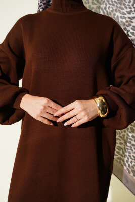 Balıkçı Yaka Düz Triko Elbise Kahve - Elbise