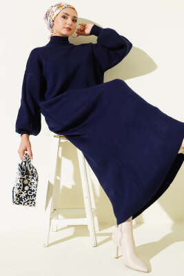 Balıkçı Yaka Düz Triko Elbise Lacivert - KILIÇ TRİKO