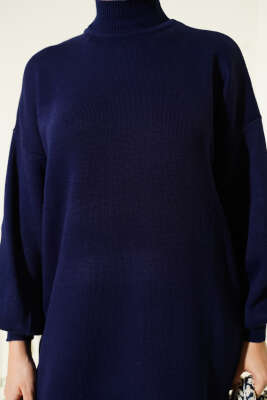 Balıkçı Yaka Düz Triko Elbise Lacivert - Elbise