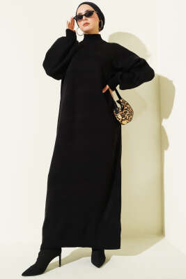 Balıkçı Yaka Düz Triko Elbise Siyah - KILIÇ TRİKO