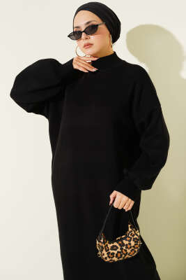 Balıkçı Yaka Düz Triko Elbise Siyah - Elbise