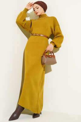 Balıkçı Yaka Düz Triko Elbise Yağ Yeşili - KILIÇ TRİKO