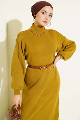 Balıkçı Yaka Düz Triko Elbise Yağ Yeşili - Elbise