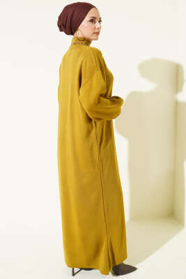 Balıkçı Yaka Düz Triko Elbise Yağ Yeşili - Elbise