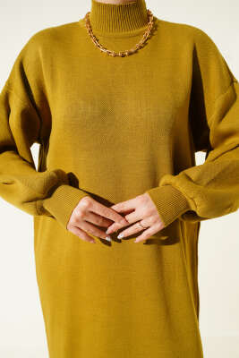 Balıkçı Yaka Düz Triko Elbise Yağ Yeşili - Elbise