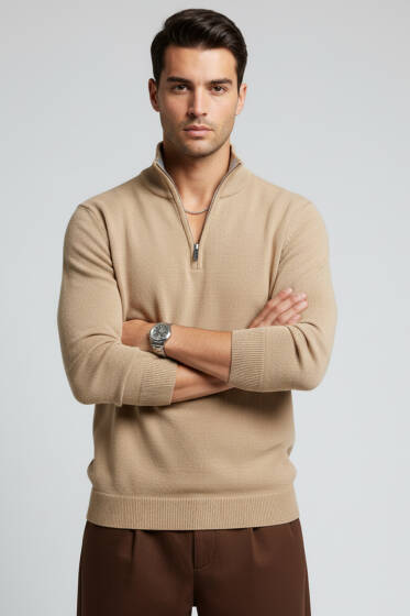 Balıkçı Yaka Fermuarlı Erkek Triko Kazak Camel - Erkek Kazak