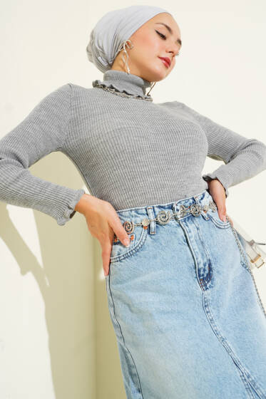 Balıkçı Yaka Fırfırlı Triko Kazak Gri - Triko Kazak