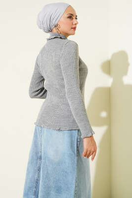 Balıkçı Yaka Fırfırlı Triko Kazak Gri - Yılın Fırsatı