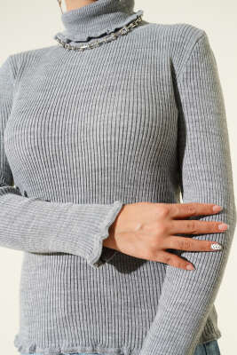 Balıkçı Yaka Fırfırlı Triko Kazak Gri - Yılın Fırsatı