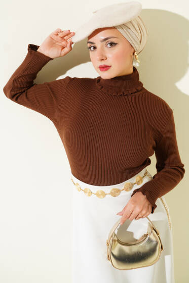 Balıkçı Yaka Fırfırlı Triko Kazak Kahve - Triko Kazak