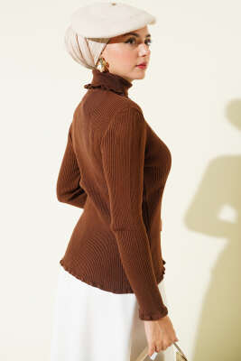 Balıkçı Yaka Fırfırlı Triko Kazak Kahve - Yılın Fırsatı