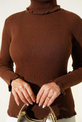 Balıkçı Yaka Fırfırlı Triko Kazak Kahve - Yılın Fırsatı