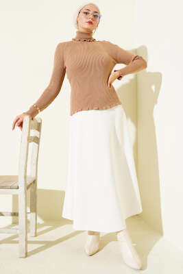 Balıkçı Yaka Fırfırlı Triko Kazak Latte - Yılın Fırsatı