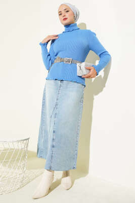 Balıkçı Yaka Fırfırlı Triko Kazak Mavi - Yılın Fırsatı