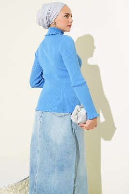 Balıkçı Yaka Fırfırlı Triko Kazak Mavi - Yılın Fırsatı