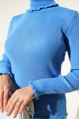 Balıkçı Yaka Fırfırlı Triko Kazak Mavi - Yılın Fırsatı