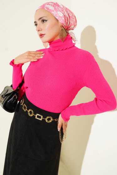 Balıkçı Yaka Fırfırlı Triko Kazak Pembe - Yılın Fırsatı