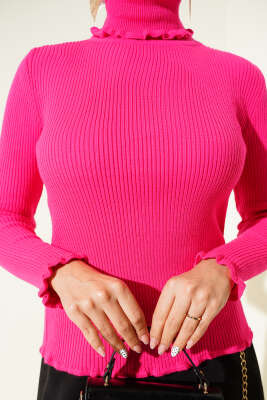 Balıkçı Yaka Fırfırlı Triko Kazak Pembe - Yılın Fırsatı