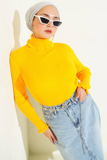Balıkçı Yaka Fırfırlı Triko Kazak Sarı - Yılın Fırsatı