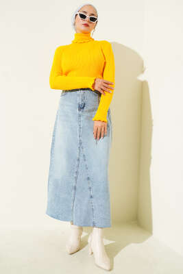 Balıkçı Yaka Fırfırlı Triko Kazak Sarı - Yılın Fırsatı