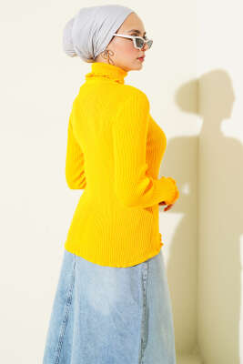 Balıkçı Yaka Fırfırlı Triko Kazak Sarı - Yılın Fırsatı