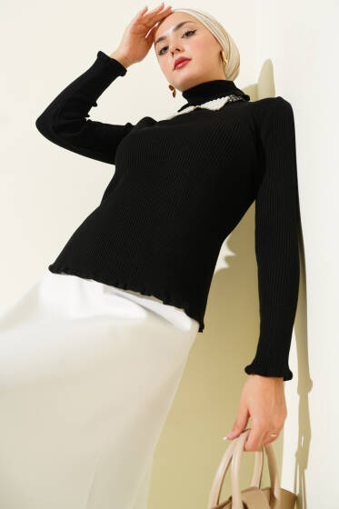 Balıkçı Yaka Fırfırlı Triko Kazak Siyah - Triko Kazak