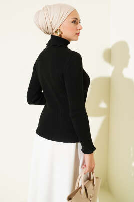 Balıkçı Yaka Fırfırlı Triko Kazak Siyah - Yılın Fırsatı