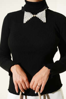 Balıkçı Yaka Fırfırlı Triko Kazak Siyah - Yılın Fırsatı