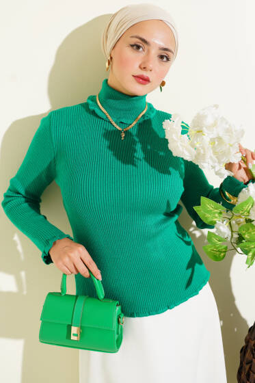Balıkçı Yaka Fırfırlı Triko Kazak Yeşil - Triko Kazak
