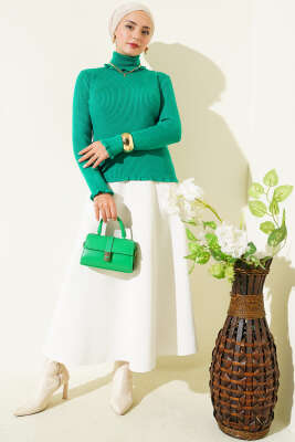 Balıkçı Yaka Fırfırlı Triko Kazak Yeşil - Yılın Fırsatı