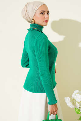 Balıkçı Yaka Fırfırlı Triko Kazak Yeşil - Yılın Fırsatı