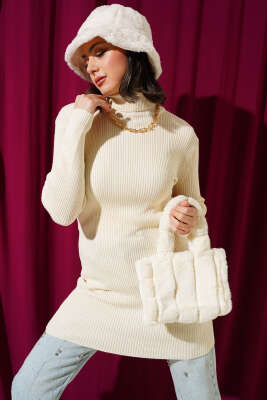 Balıkçı Yaka Fitilli Basic Triko Tunik Bej 