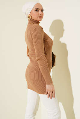 Balıkçı Yaka Fitilli Basic Triko Tunik Büsküvi - Triko Tunik