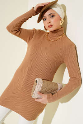 Balıkçı Yaka Fitilli Basic Triko Tunik Büsküvi 
