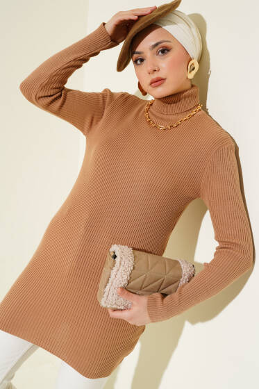 Balıkçı Yaka Fitilli Basic Triko Tunik Büsküvi - Tunik