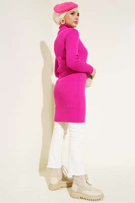 Balıkçı Yaka Fitilli Basic Triko Tunik Fuşya - Triko Tunik