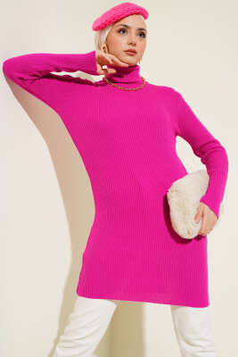 Balıkçı Yaka Fitilli Basic Triko Tunik Fuşya 