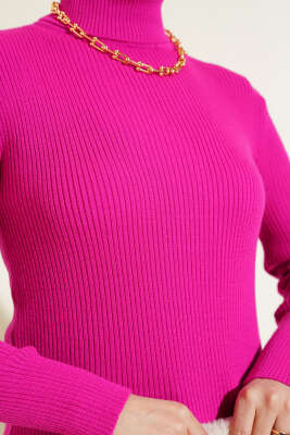 Balıkçı Yaka Fitilli Basic Triko Tunik Fuşya - Triko Tunik