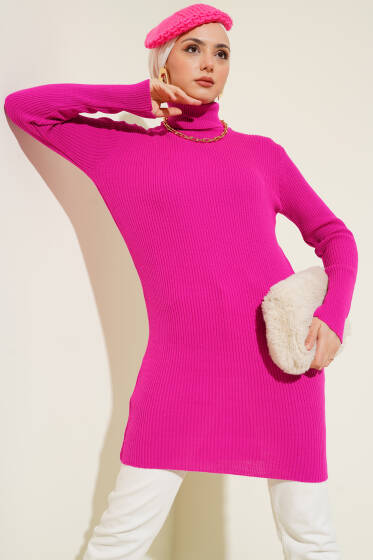 Balıkçı Yaka Fitilli Basic Triko Tunik Fuşya - Tunik