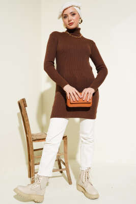 Balıkçı Yaka Fitilli Basic Triko Tunik Kahve - Triko Tunik