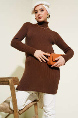 Balıkçı Yaka Fitilli Basic Triko Tunik Kahve 